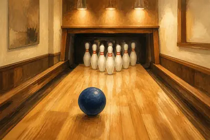 A wooden bowling lane with ten pins in a triangle and a blue ball rolling towards them