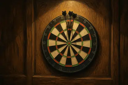 A dartboard on an oak wall with three darts near the top