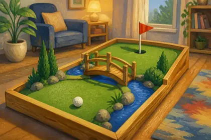 A small indoor mini golf hole with a wooden bridge over a water channel and a flag in the cup