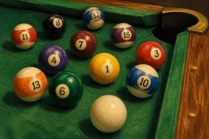 Numbered pool balls on green cloth next to a corner pocket