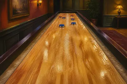 A long polished shuffle table with red and blue pucks near the far zones